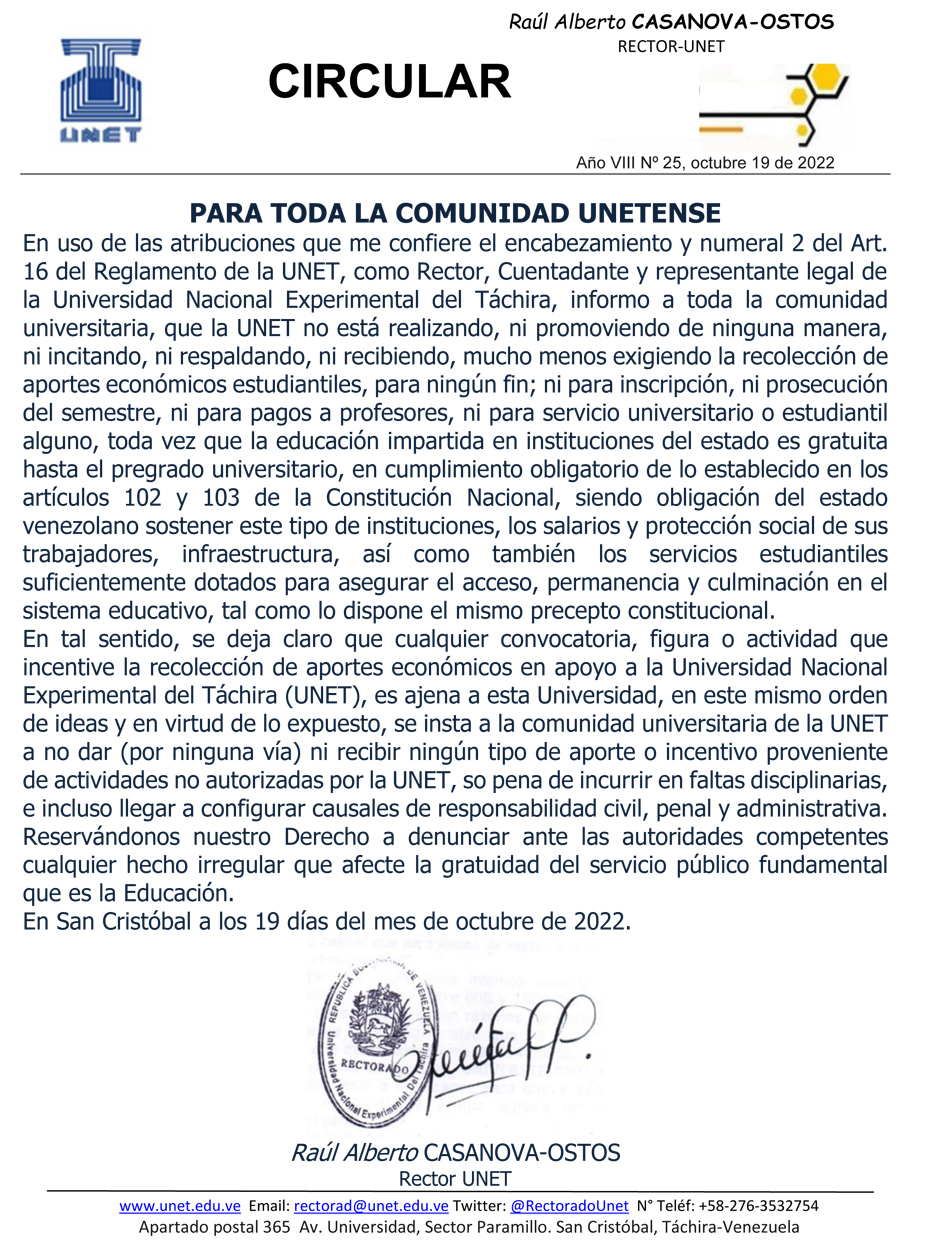 Ciruclar Rector Semestre 2022 3 UNET